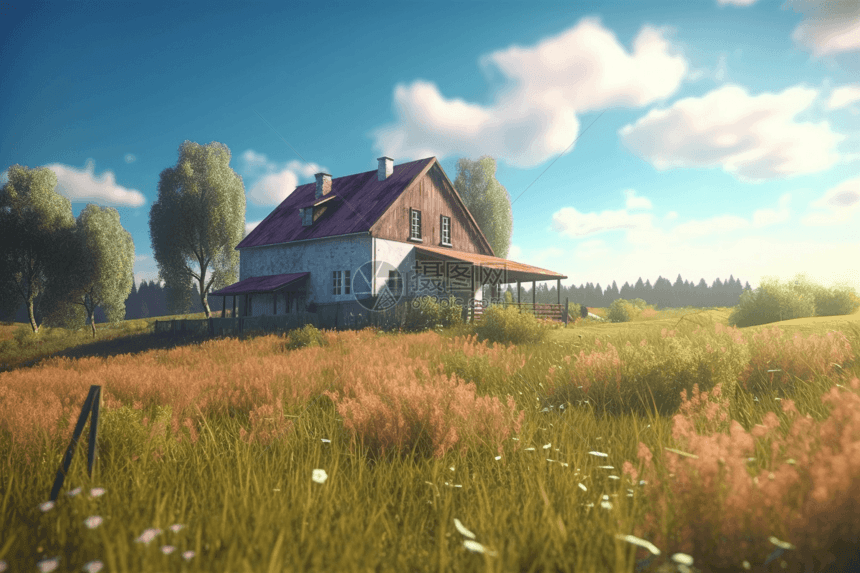 绿草和蓝天的农舍图片