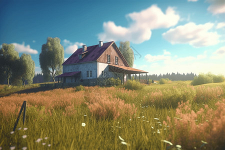 绿草和蓝天的农舍图片