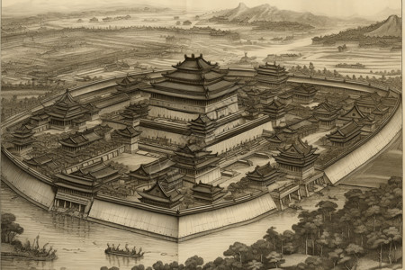 古代宫殿内景中国古代城市建筑插画