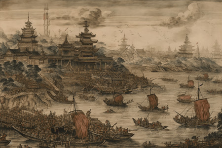古代的城市港口背景图片