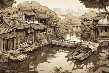 中国水乡水墨画背景图片