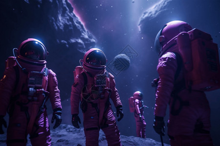 一群宇航员在闪闪发光的紫色星云前背景图片