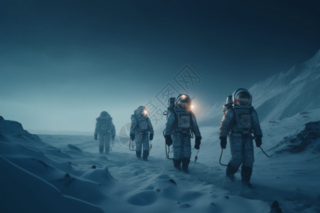 一群探险家在冰冷的星球上跋涉图片