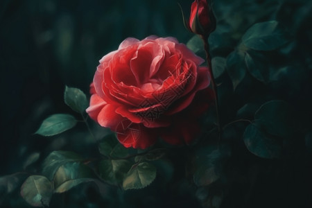 美芽盛开的红玫瑰插画
