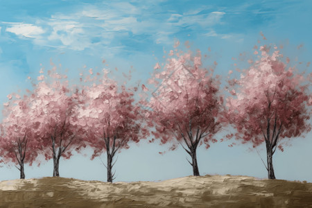 以蓝天为背景的樱花树油画图片