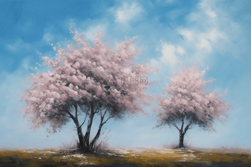 蓝天白云中樱花树油画图片