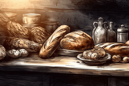 原材料面粉小麦陈旧的面包插画