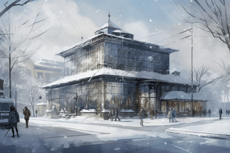 建筑外观立面冬天的博物馆的外观插画