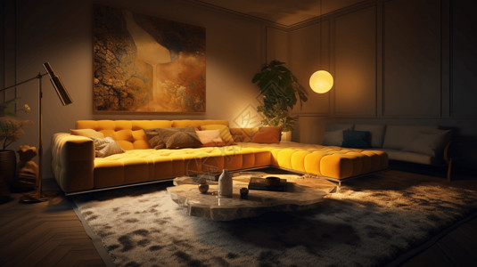 仿古家具纹理客厅里的黄色沙发设计图片