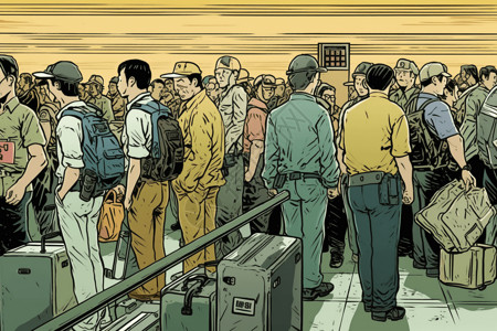 漫画风机场乘客队列背景图片