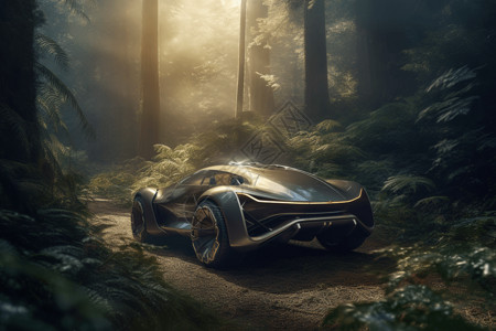 湿地步道森林中的未来汽车设计图片