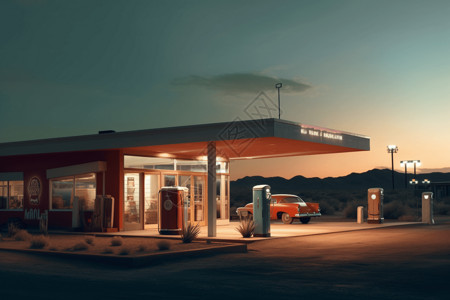 加油站夜景沙漠中的加油站设计图片
