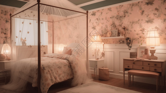 床上有一个透明纱帐的卧室高清图片