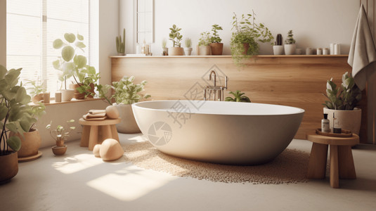 滚顶式浴缸卵石地板和盆栽植物的水疗式浴室背景