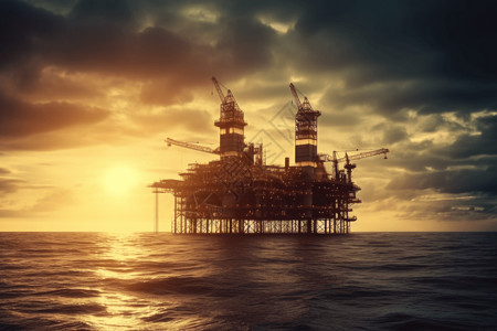 海洋油田落日下的海洋石油开采背景
