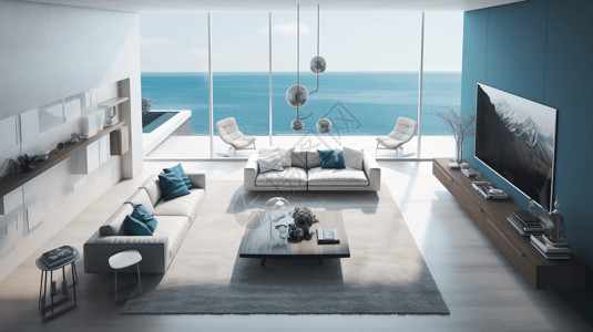 有海景和蓝天的现代客厅背景图片