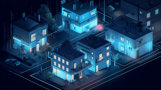 住宅区夜景使用地下热能的住宅区漫画插图插画
