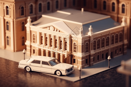 奔驰汽车模型豪华轿车停在一座大歌剧院前设计图片