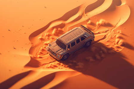扬沙一辆汽车在沙漠路上行驶插画
