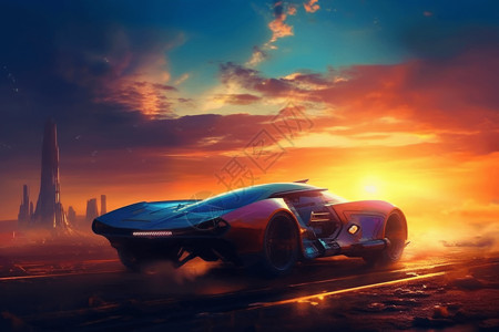 迷人跑车一辆未来主义汽车在暮色天空背景下插画