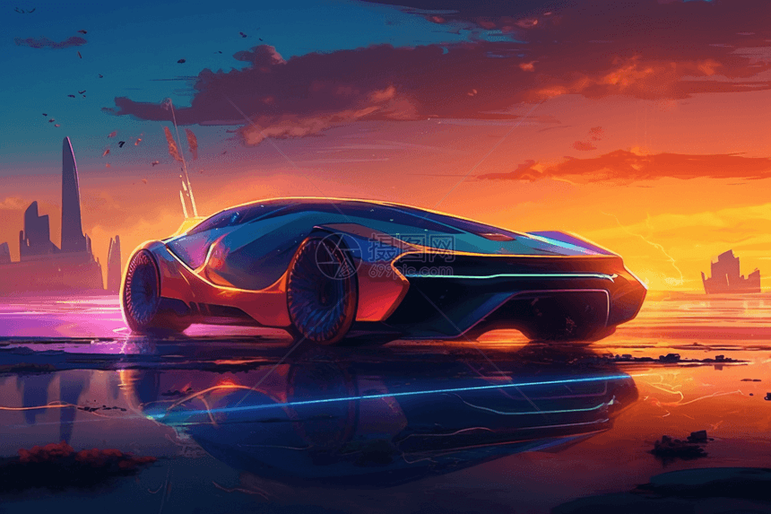 一辆未来主义汽车在暮色天空背景下图片