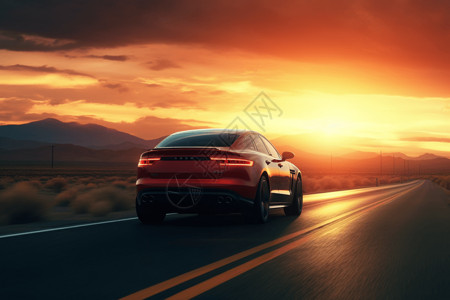红色日落沙漠高速公路上行驶的新能源车设计图片