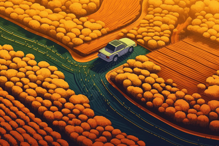 农科技农田中的汽车插画