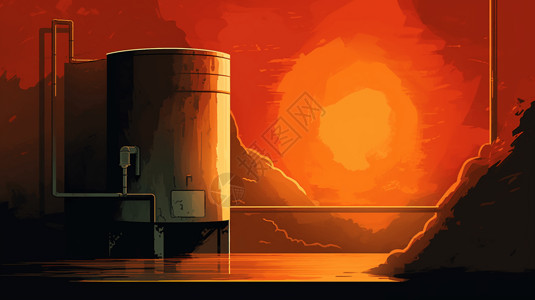 热水器内胆夕阳下的地热热水器漫画插图插画