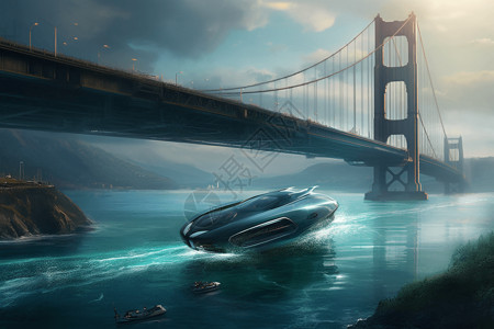 电动汽车行驶在水中背景图片