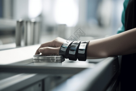 病人佩戴在手腕上的高科技医疗设备高清图片