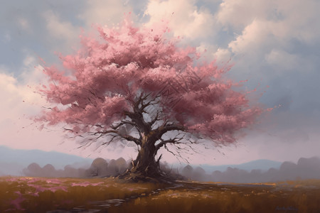 油画樱花树图片