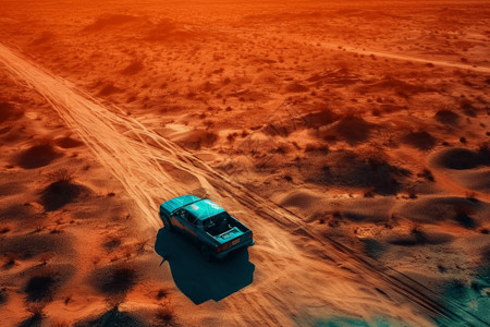 鸟瞰视角一辆未来主义的汽车高速滑过空旷沙漠的广阔荒原设计图片
