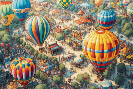 新生报到处游乐园里周围到处都是游乐设施和气球插画
