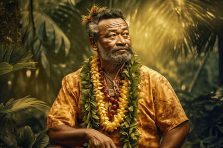 一名夏威夷盛装的老人高清图片