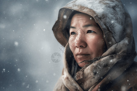 白雪中的因纽特人妇女高清图片