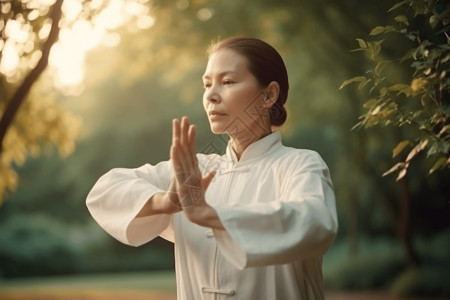 一个女人在公园里练习太极拳背景图片