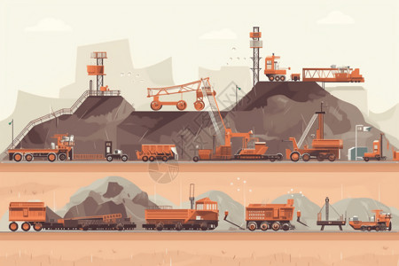 大型挖掘机煤矿开采过程插画
