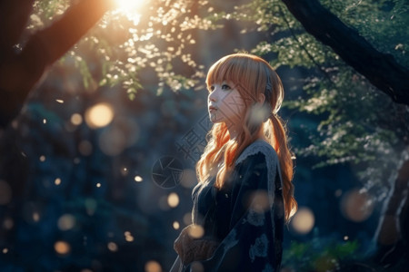 幻想森林中的动漫二次元少女背景图片