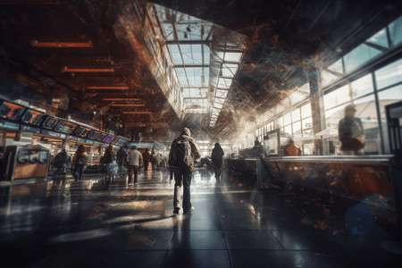 火车站大厅盗梦空间既视感的机场大厅乘客带着行李走向登机口设计图片