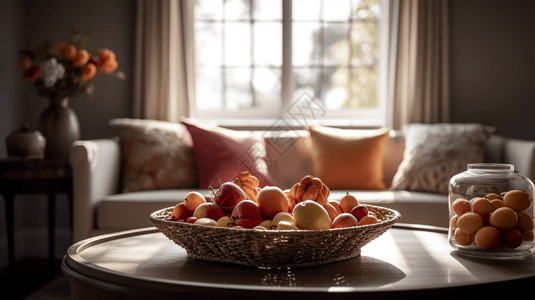客厅茶几上的水果拼盘背景图片