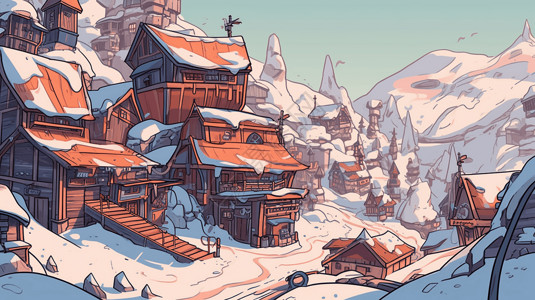 山间雪景房屋卡通插画图片