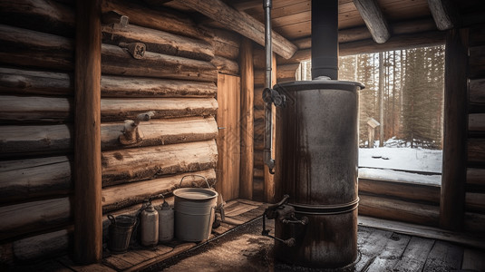 木头小屋里的老式锅炉图片