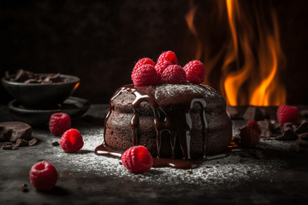 巧克力熔岩新鲜盆子的酱心蛋糕背景