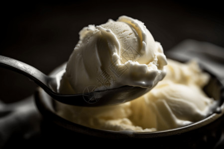 黄油般的一勺奶油香草冰淇淋的特写镜头，展示了其光滑天鹅绒般的质地。背景