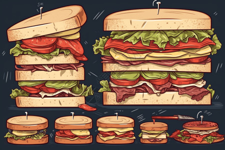 汉堡包早餐好多的三明治插画