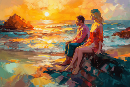 一对夫妇日落坐在海边上的夫妇插画