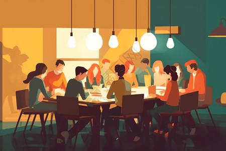 会议餐厅一群人围着桌子开会插画