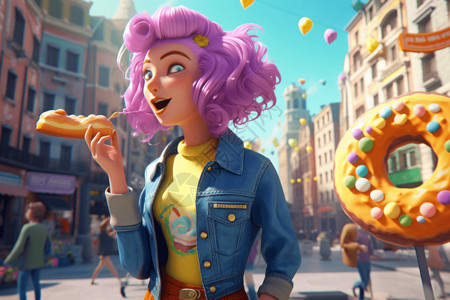 吃甜甜圈的女孩紫色头发女孩插画