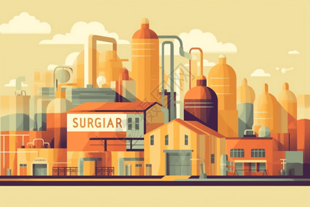 制糖工厂外观建筑手绘插画图片