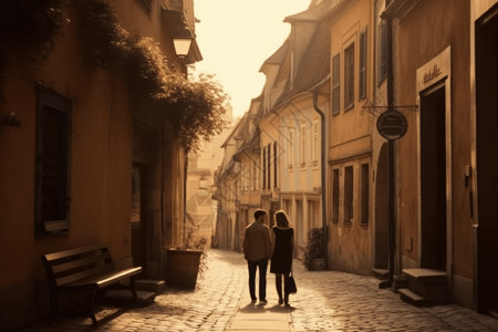 夫妇在小镇上漫步背景图片